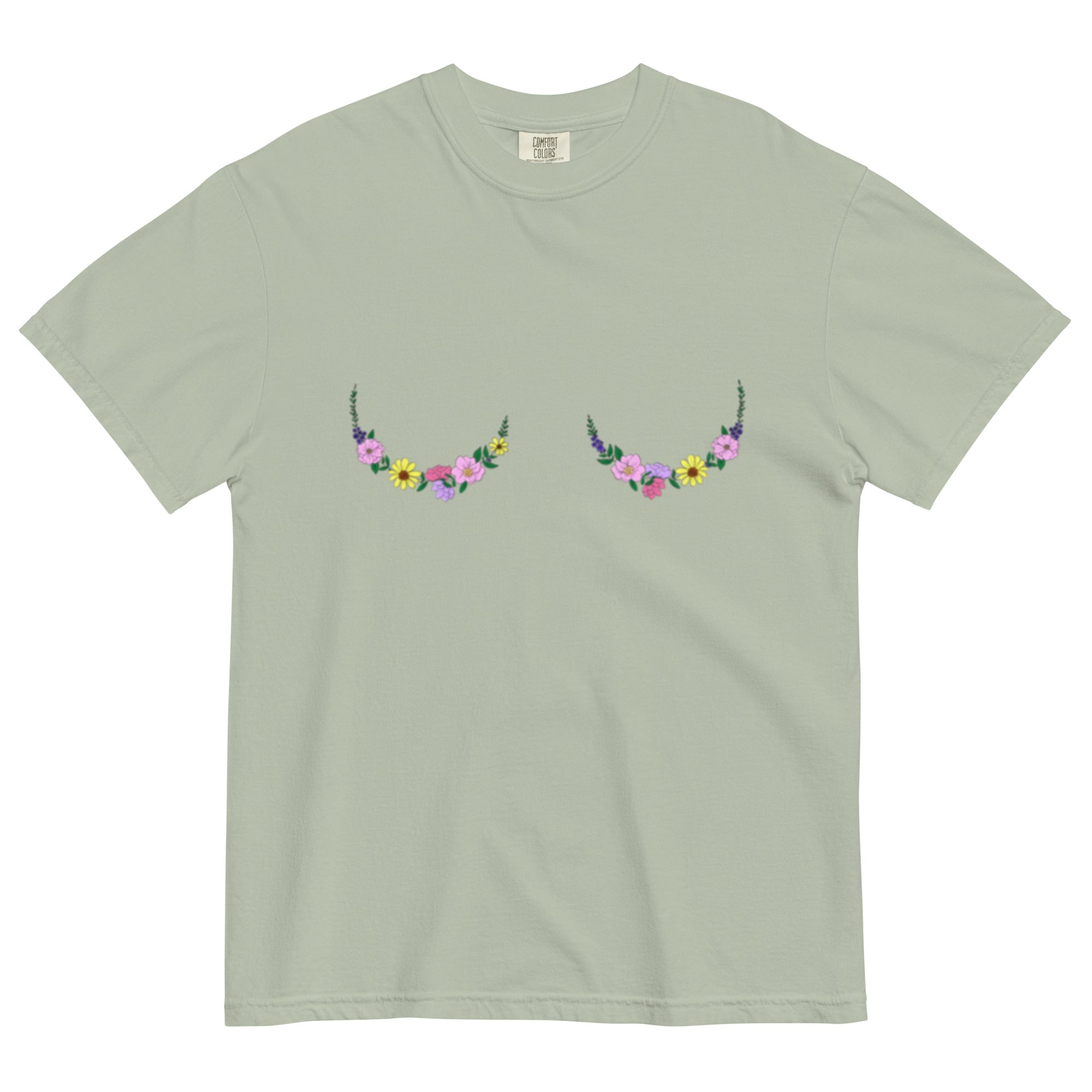 boobs t-shirt with colorful floral art design.
