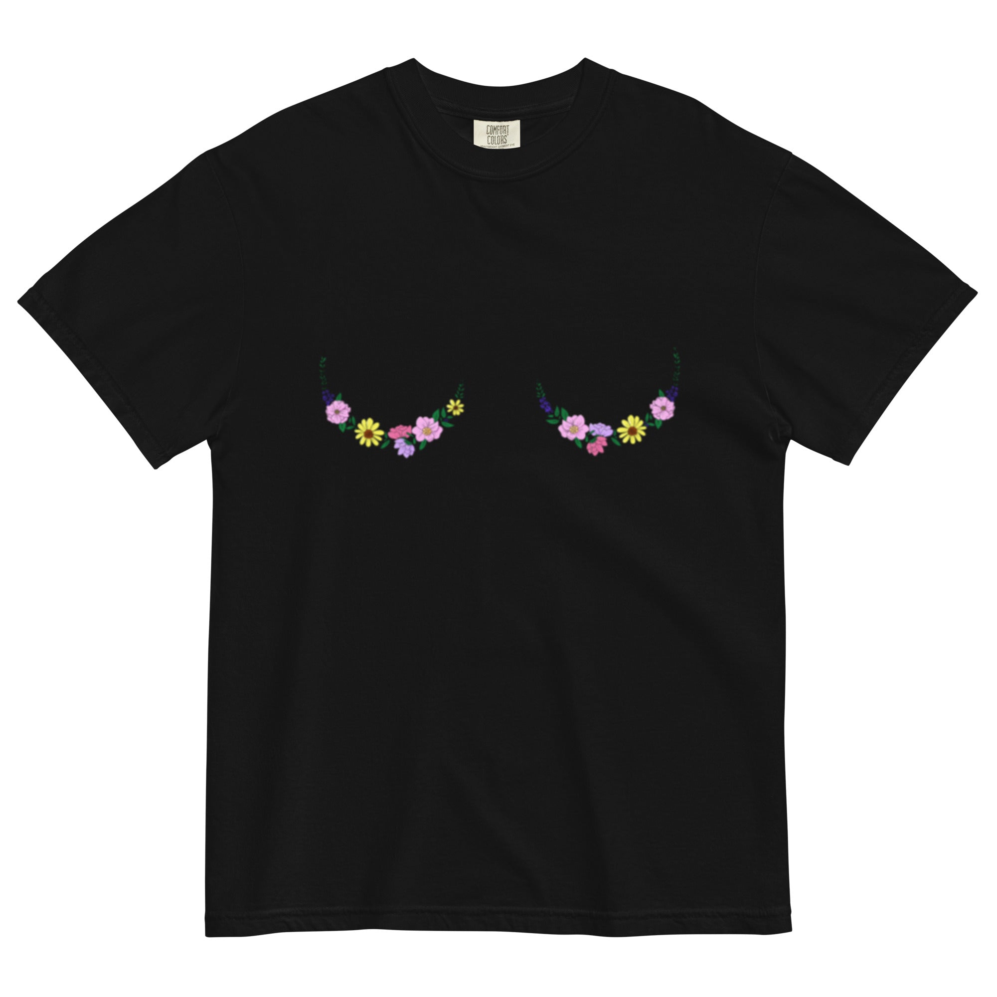 boobs t-shirt with colorful floral art design.