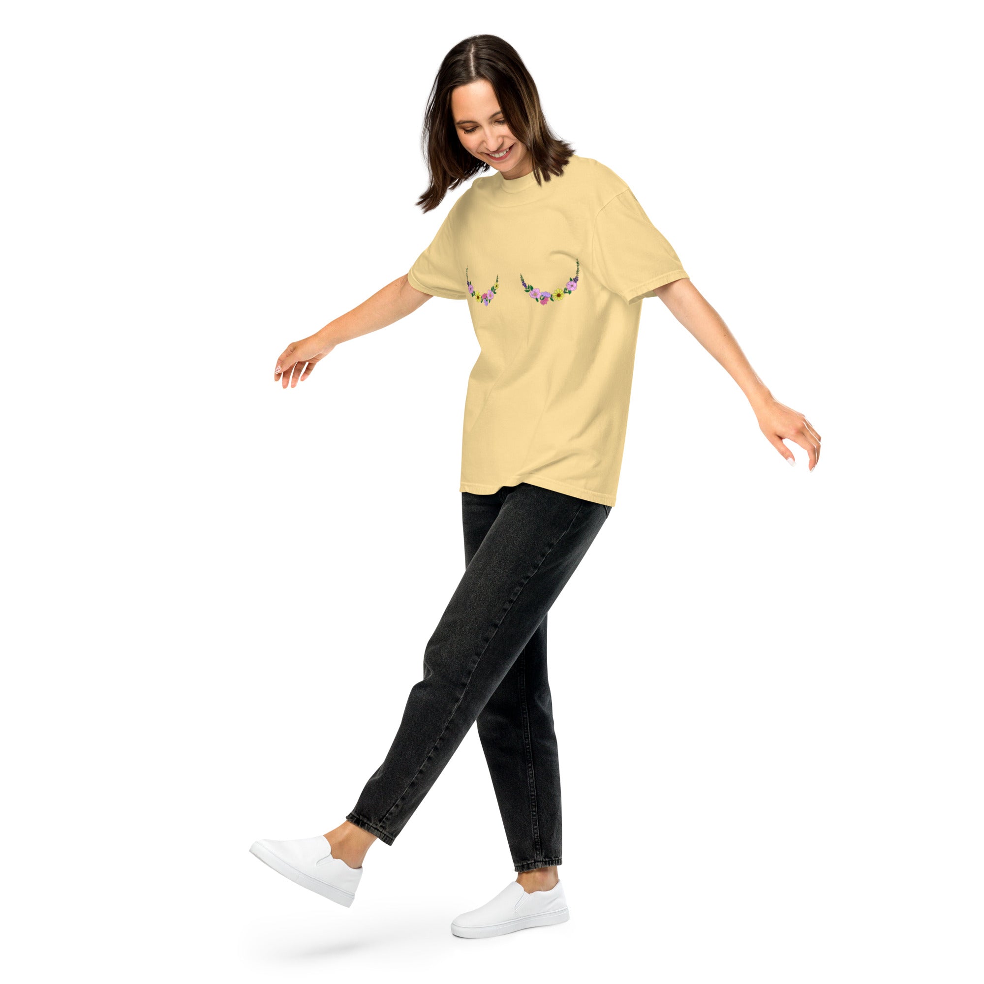boobs t-shirt with colorful floral art design.